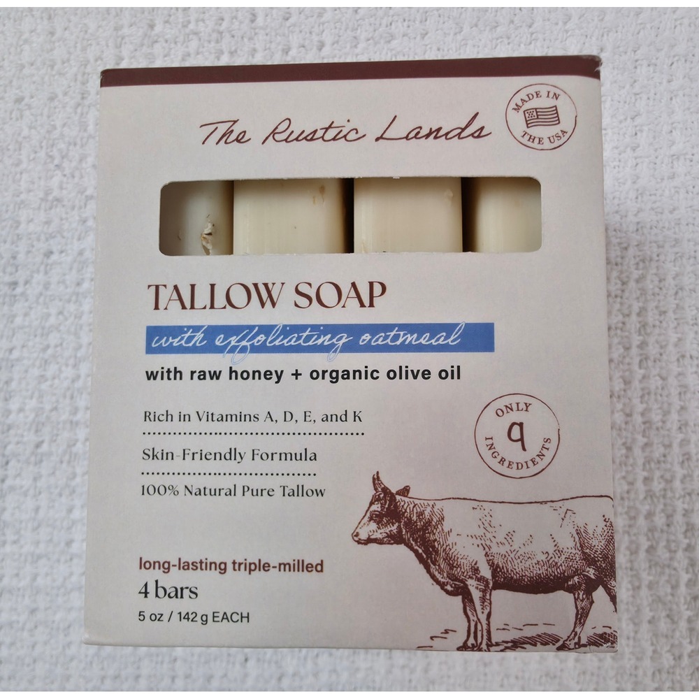 The Rustic Lands Tallow Soap 4 Bars 5oz Oatmeal Honey Olive Oil New